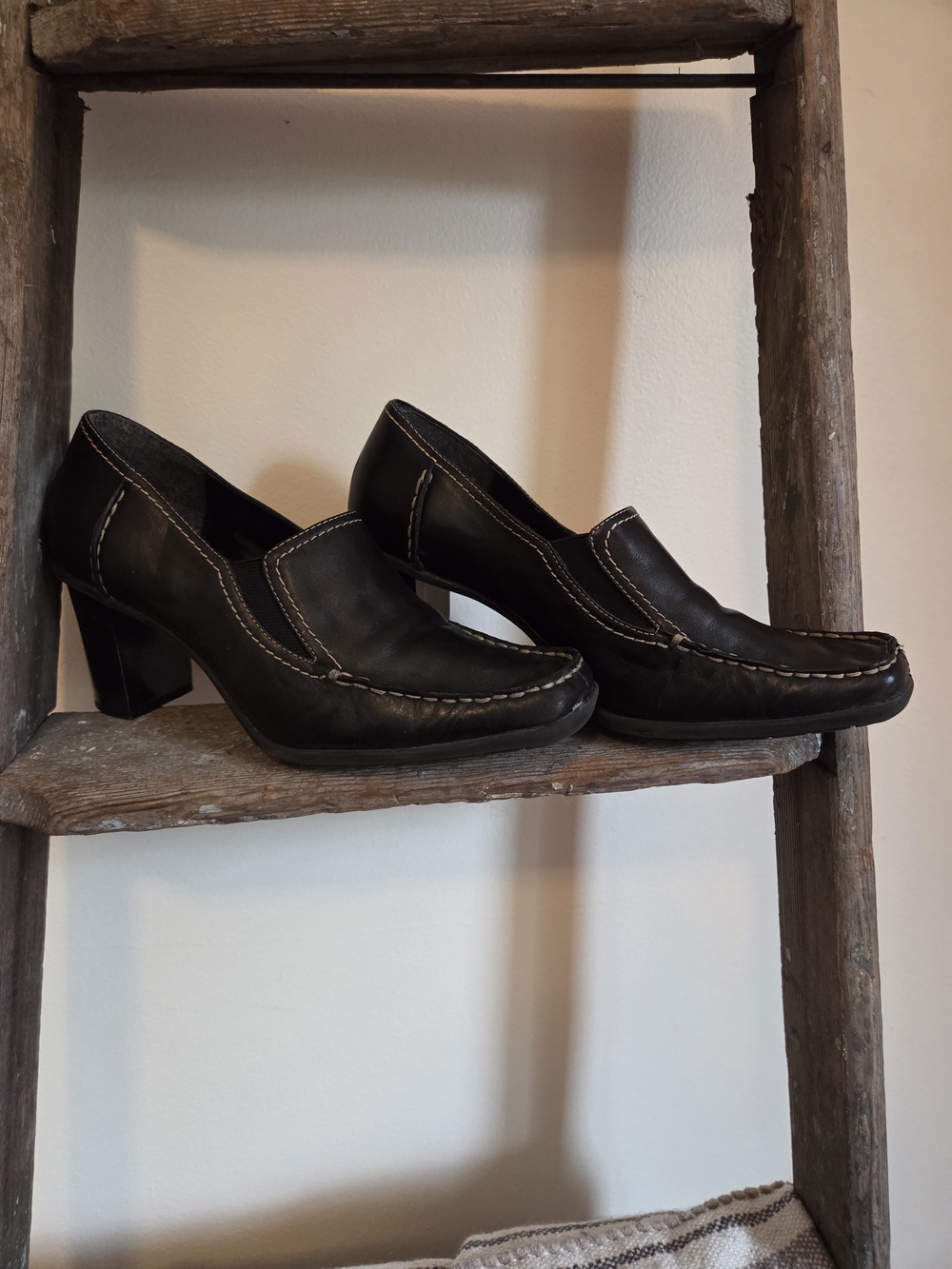 Black Leather Block Heel Loafers